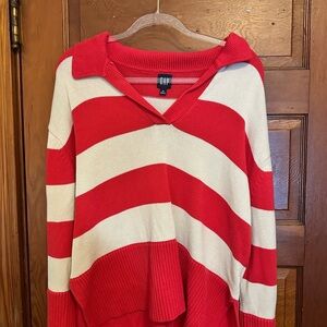 GAP Women's V-Neck Sweater in Red and Cream Stripes